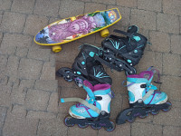 2 rollerblade shoes + skateboard