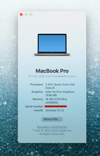 MacBook Pro 13" 2020 | Intel Core i5, 16GB Memory, 512GB Storage