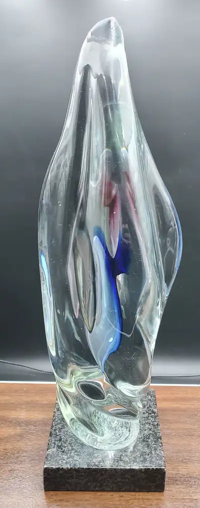 LARGE VINTAGE TWISTED MULTICOLOR GLASS STATUE SIGNED AND DATED, View more