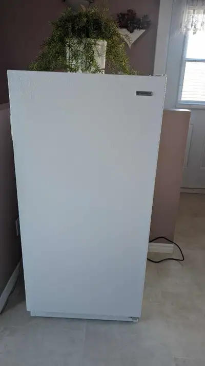 Congélateur vertical blanc 10 pieds cubes impeccable, silencieux. 4 tablettes et rangement dans la p...