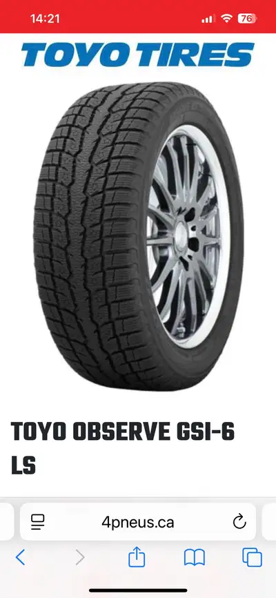 1 pneu Toyo Observe P265/50R20. Utilisé la moitié de l’hiver passé car j’ai eu une crevaison et mes...