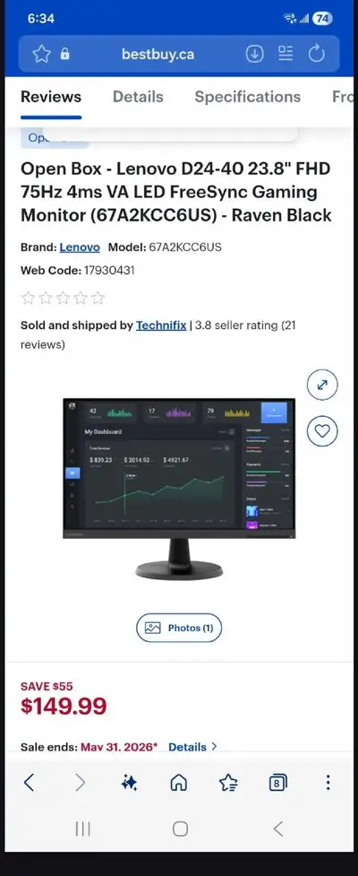 Lenovo D24-40 23.8" FHD 75Hz 4ms VA LED FreeSync Gaming Monitor, View more