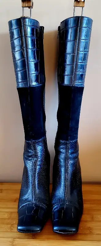 "BROWNS" KNEE HIGH BLACK LEATHER/SUEDE BOOTS, View more