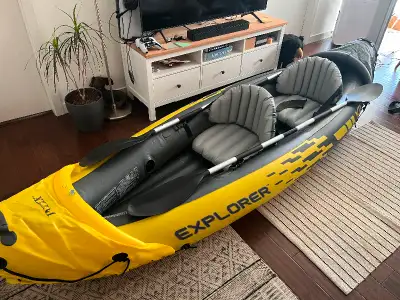Kayak used once since purchase. Recently inflated to transfer leaks and no issues. Selling with life...