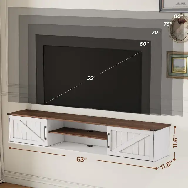 Floating TV Stand with Doors, 63'' Farmhouse TV Shelf  in Other in Markham / York Region - Image 5