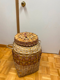 large wicker basket with handles and lid