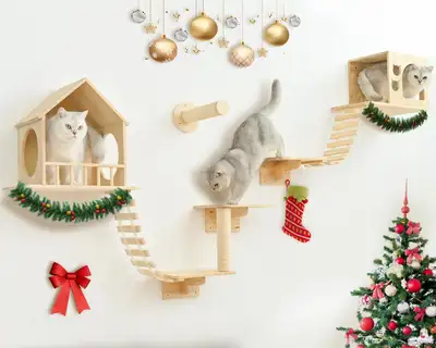Cat Wall Shelves 9pc with 2 Wooden Condos, View more