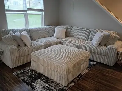 V Shaped Corduroy Sectional Sofa with Ottoman , View more