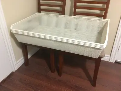 Mesh basket, white, Dim 36 7/8” width x21 1/8”depth x6 1/4” high . Each $25. Four of them. Can put i...