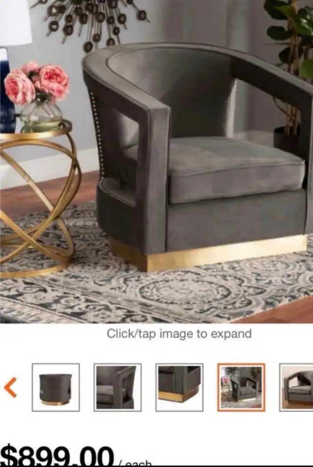 Grey Velvet Accent Chair with Gold Base$100 MSRP$589.99 tax
