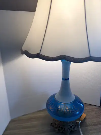 Vtg France Made Blue Sugared Glass Table Lamp, View more