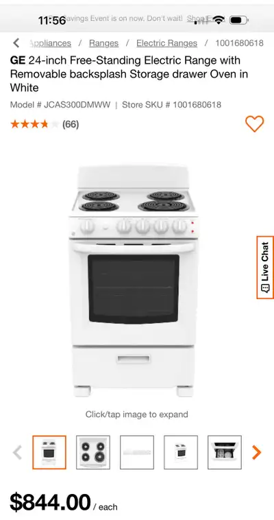GE 24-inch Free-Standing Electric Range with Removable backsplas, View more