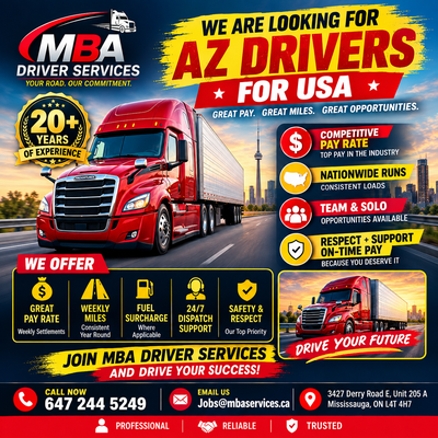 Hi, We are looking for AZ drivers for USA runs (Solo and team). Job starts Immediately. Requirements...