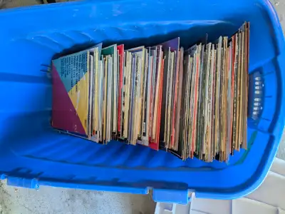 Bin of assorted vinyl records, View more