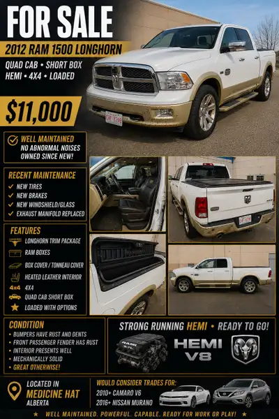 2012 dodge ram 1500 longhorn quad cab shortbox . 225000 km, well maintained , no abnormal noise. Hem...