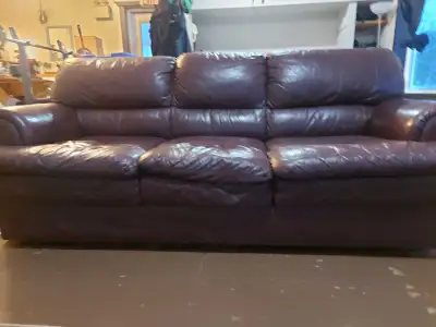 Well used leather couch in fair shape. Super confy! Visible wear as shown in pictures, but no rips....