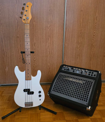 Music Man style short scale bass with Traynor K1 amp, View more