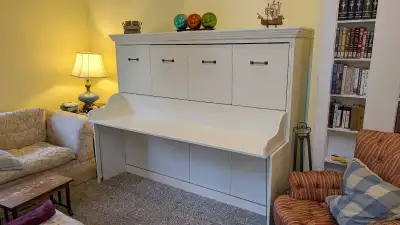 Queen Horizontal Murphy Bed with Fold-Down Desk, White, $1,600, View more