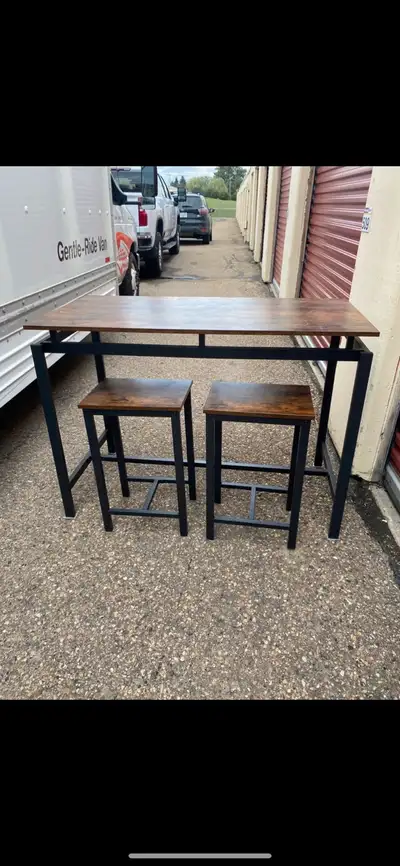 Tall rustic wooden and metal Table with chairs, View more