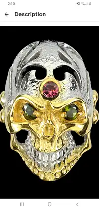 Sterling Silver Skull Ring Size 7 Gold Plated Garnet and Emerald