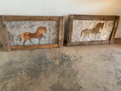 Two Antique tin ceiling rustic art deco picture, View more