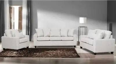 Complete seating set with 3-seater, 2-seater, and single chair • Comfortable cushions designed for d...