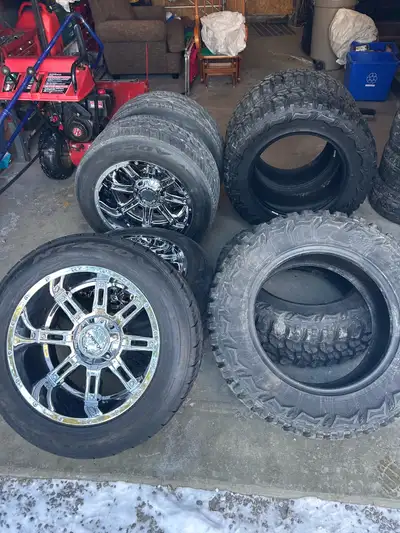 Ram/Jeep dual bolt pattern 5x137mm(5.5”)or5x127mm(5.0”), -51 offset. 20”rims by 12”wide with Nitto N...