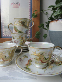 5 Pairs Mug Saucer Golden Dragon on Mother-of-Pearl by M.F Japan