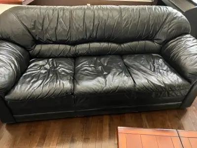 Italian leather sofa, coffee table and two end table set, View more
