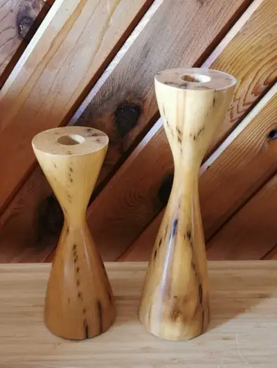 Vintage MCM Turned Wood Candle Holders Set Scandinavian Style, View more