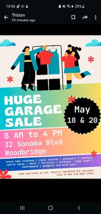 Huge garage sale this Saturday may 18 & mon 20