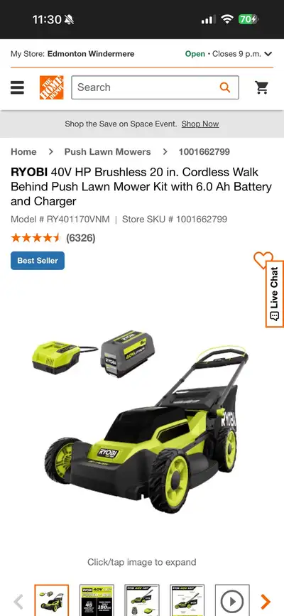 Ryobi 40 V lawnmower with 3 batteries, View more