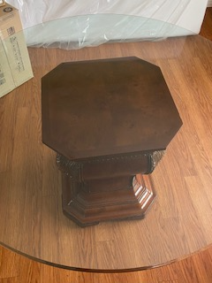 Round 54 inch Glass and Wood Pedestal Table from Bombay Company, View more