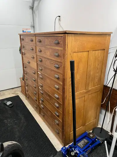 Antique paper/tool cabinet from print shop, View more