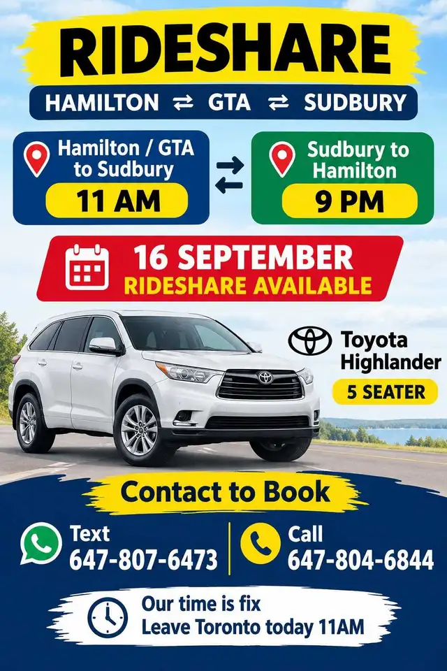 sudbury to hamilton ontario rideshare