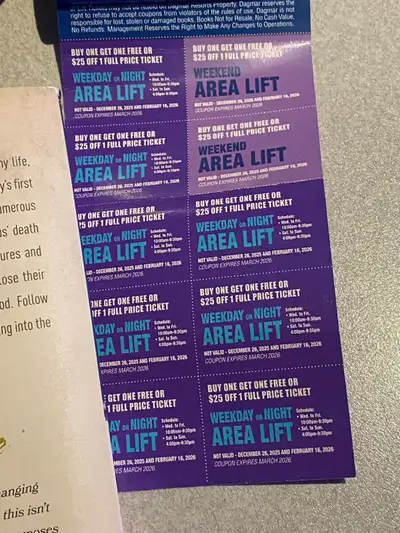 Dagmar lift ticket coupons $5 each Week day or nights Weekends Ski snowboarding