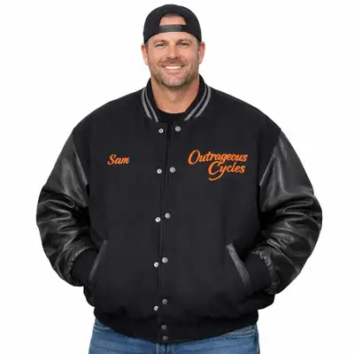 Vintage Outrageous Cycles Varsity Jacket 4XL Black Leather Sleev, View more
