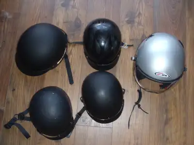 Motorcycle Helmets, asst , silver Zox with shield size small-SOLD, 1 beanie with visor size small, 1...