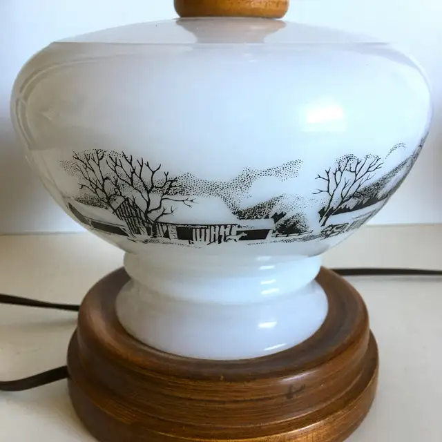 Vintage Currier & Ives Milk Glass And Wood 18" Tall Table Lamps in Indoor Lighting & Fans in Markham / York Region - Image 7