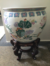 Large Chinese Bonsai pot planter Koi fish Bowl wood stand flower