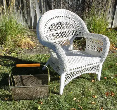 ANTIQUE WHITE  WICKER CHAIR and MID CENTURY BRASS MAGAZINE RACK, View more