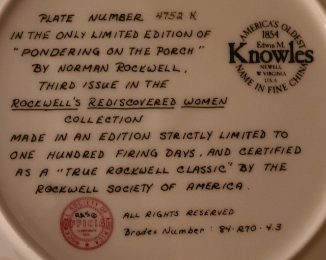 Vintage Norman Rockwell plate Pondering on the porch in Arts & Collectibles in Owen Sound - Image 4