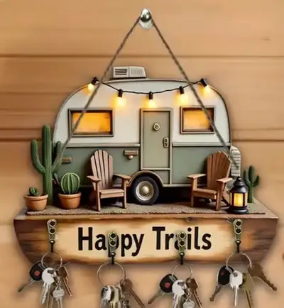 *NEW* 2-D FLAT WOODEN PANEL HAPPY TRAILS CAMPER KEYCHAIN HOLDER SIZE IS 30 cm long / 23 cm high Pick...