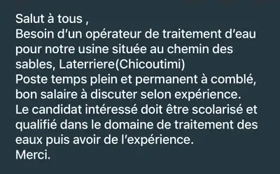 Besoin d’un opérateur de traitement d’eau pour notre usine située au chemin des sables, Laterriere(C...