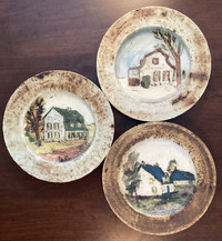 PRICE DROP-3 Signed HUBERT DU ROSCOAT Art Pottery Plates Country