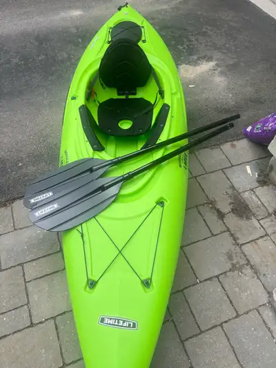 Selling my used Lifetime Guster 100 kayak, a vibrant green, 10-foot kayak perfect for leisurely padd...