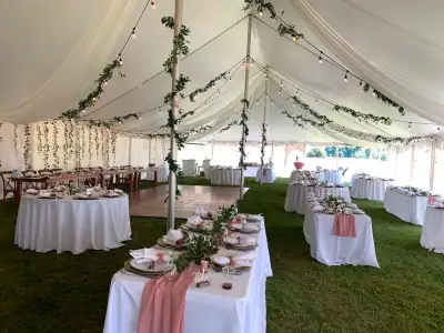 Dusty rose colour shown most accurately in first photo. 2 short chair sashes 27”x60” each 14 long ta...