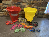 Assorted Swim Goggles and 2 Pails