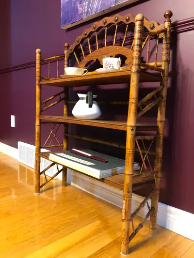 Antique Victorian Bamboo & Tiger Oak Display Shelf – Aesthetic M, View more