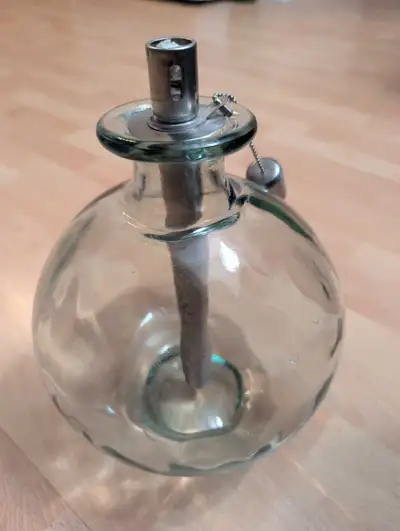 NEVER USED thick glass oil lamp approx 9" tall x 20" around, View more